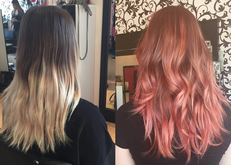 Photo of a girl at a salon with Rose Gold Color before and after 