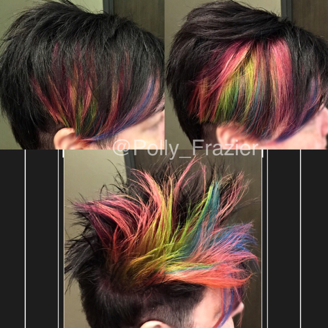 Using bleach with 50V and RoMaxx in back to back  foils gave me plenty of lift on her colored level 4,  to paint in this rainbow of fun! Finishing with RoZen blown into the hair. From office, to happy hour, to all night party looks. 