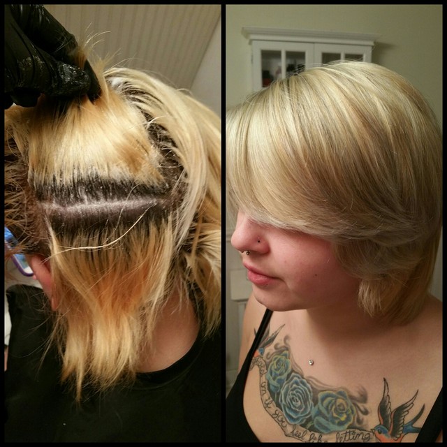 Used Redken Blonde dimensions lightener and 30 vol on regrowth, 10 vol for highlights. Redken Chromatics 7N with 10 vol for lowlights. Toned all over using Goldwell 11SV.
