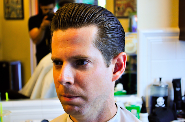 Long Trim Pompadour styled with Reuzel red and green