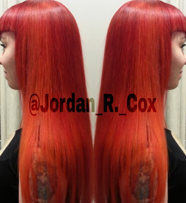 On fire Ombre. Mixed joico intensities colors to achieve this fire ombre. Finished off with a strong, bold haircut in the fringe and length. 