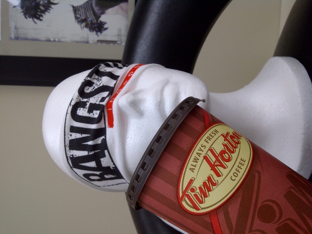 Bangstyle having a Tim Horton's coffee! Canadian!!! ""ah""