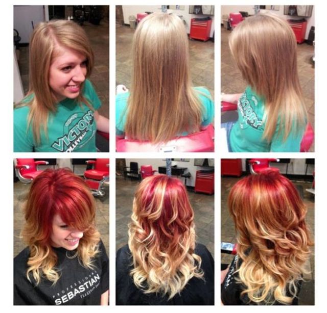Before Top And After Bottom Blonde To Red Ombre Bangstyle