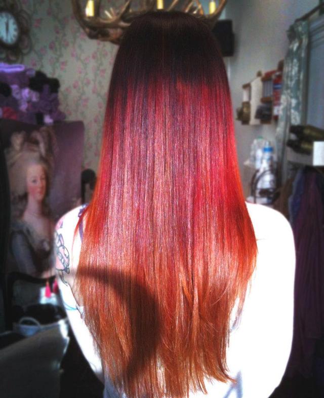 Violet/red/orange/yellow ombre.