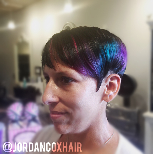 "Nebula" color and pixie cut by me. 