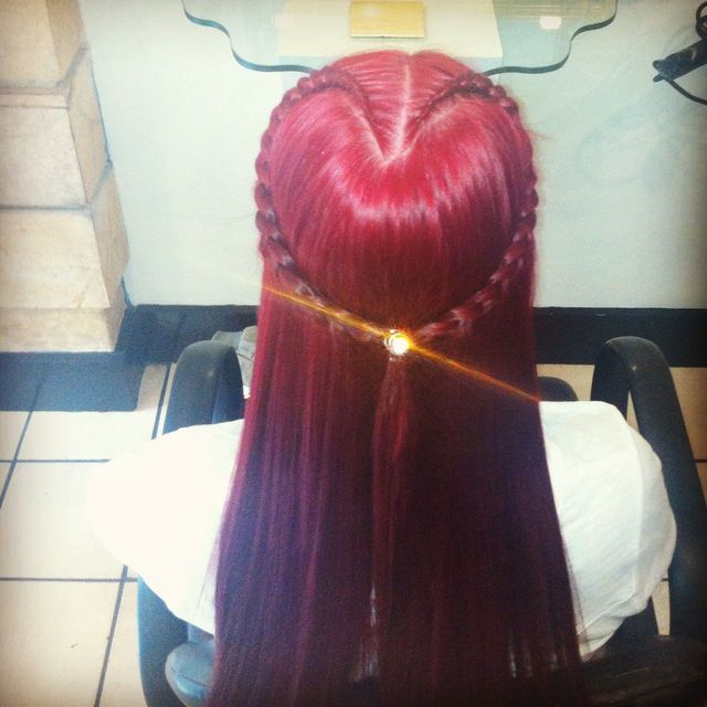 heart braid red long straight hair