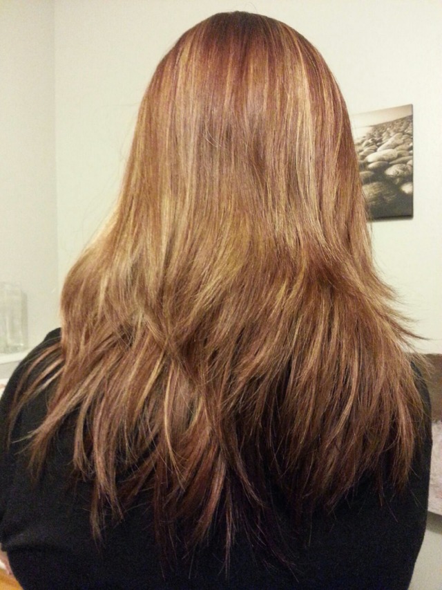 warm copper brown with butter blonde highlights